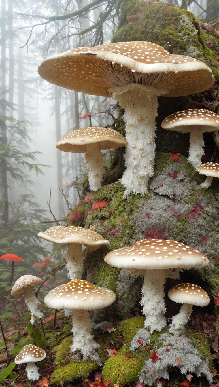 Mushrooms on Mossy Stump in Misty Forest Scene