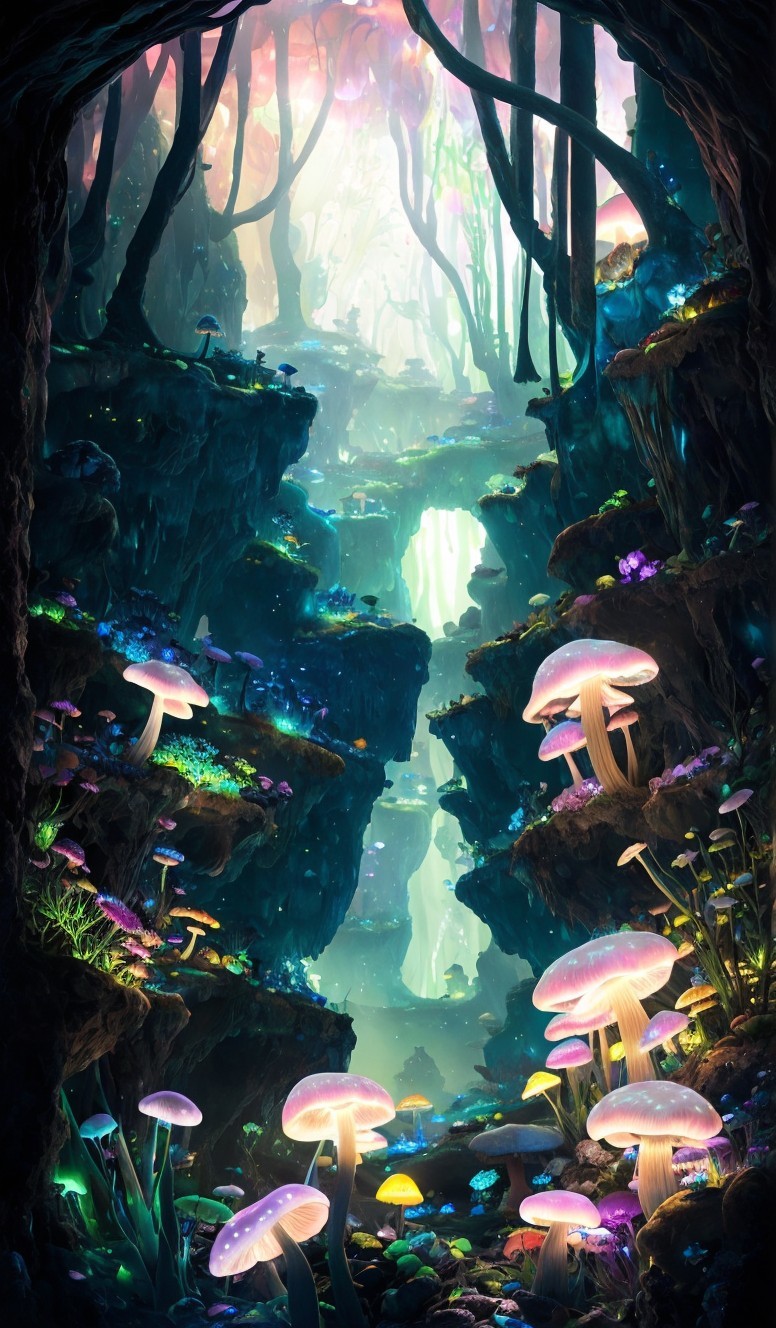 Mystical Forest with Glowing Mushrooms and Trees
