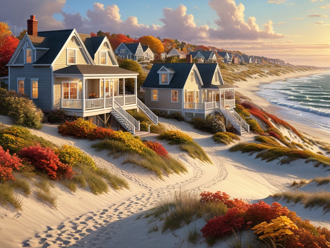 Charming Beach Houses by Autumn Shoreline at Sunset