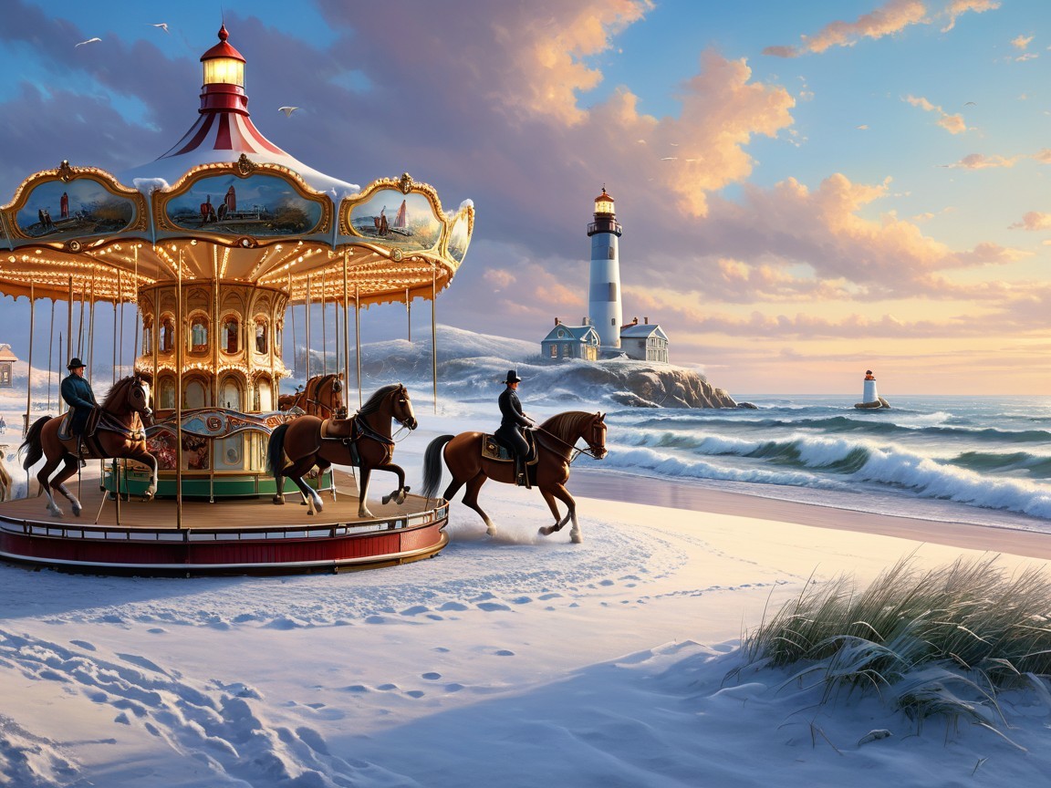 Carousel of Detailed Horses on Sandy Beach Scene