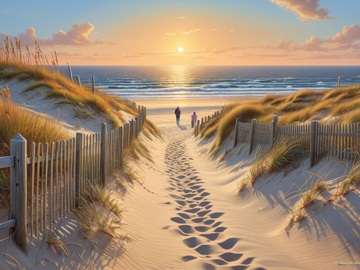 Serene Beach Sunset with Gentle Waves and Silhouettes