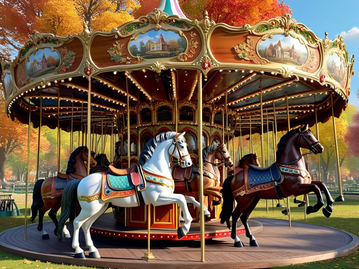 Vintage carousel in autumn park with colorful horses