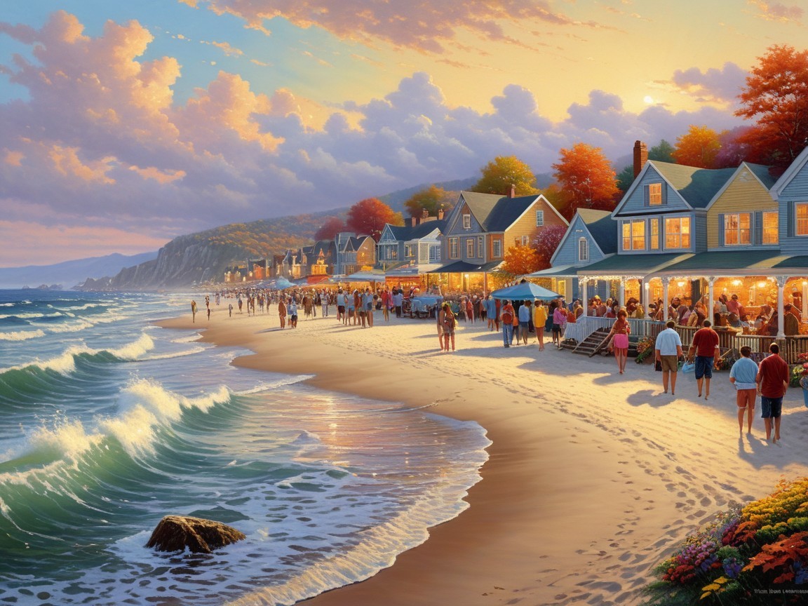 Beachside Town at Sunset with Colorful Houses