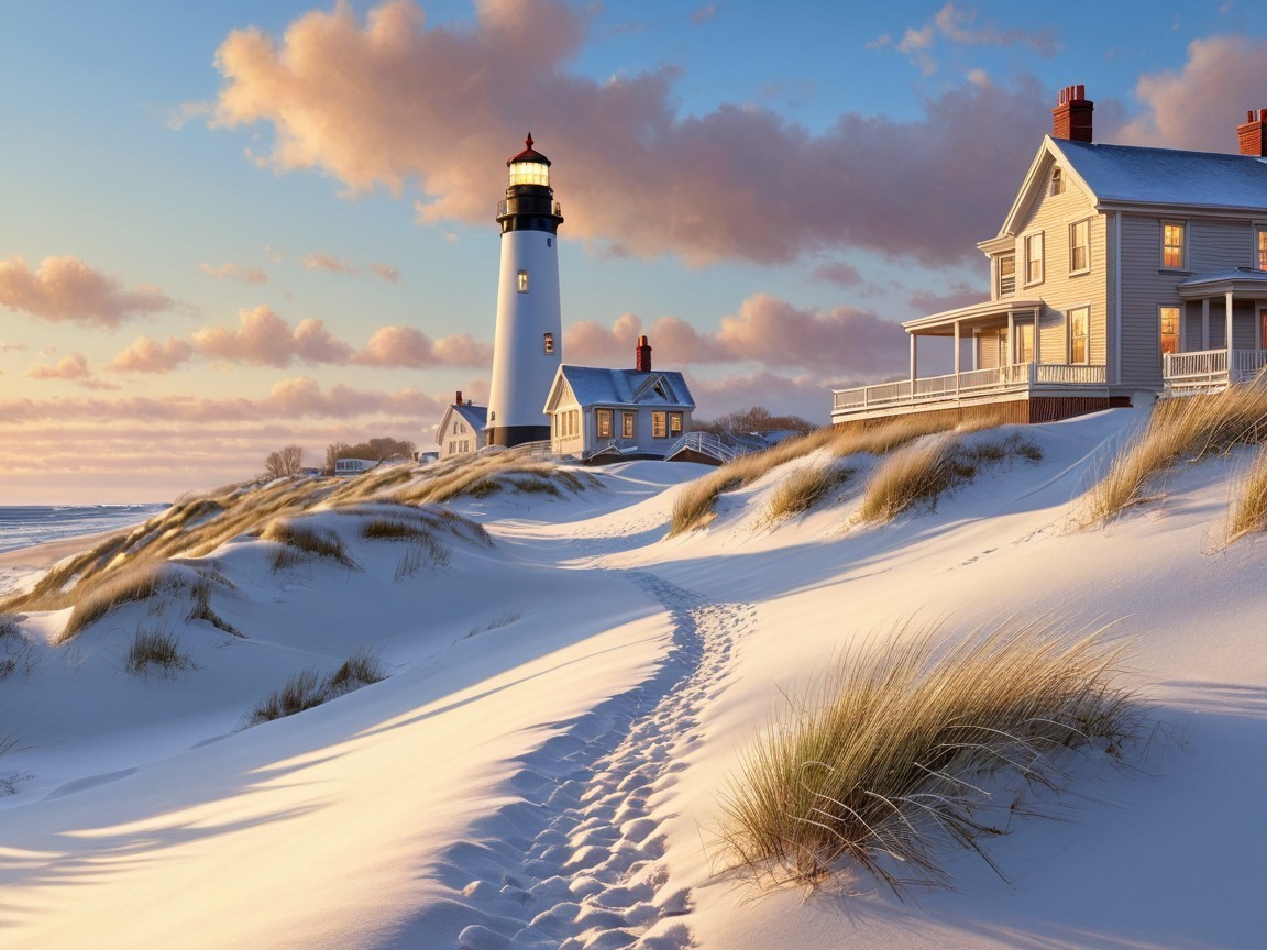 Coastal Winter Landscape with Lighthouse and House