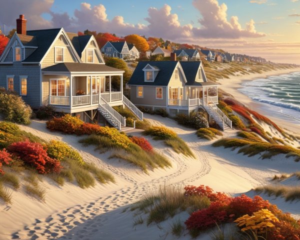 Charming Beach Houses by Autumn Shoreline at Sunset