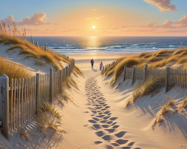 Serene Beach Sunset with Gentle Waves and Silhouettes