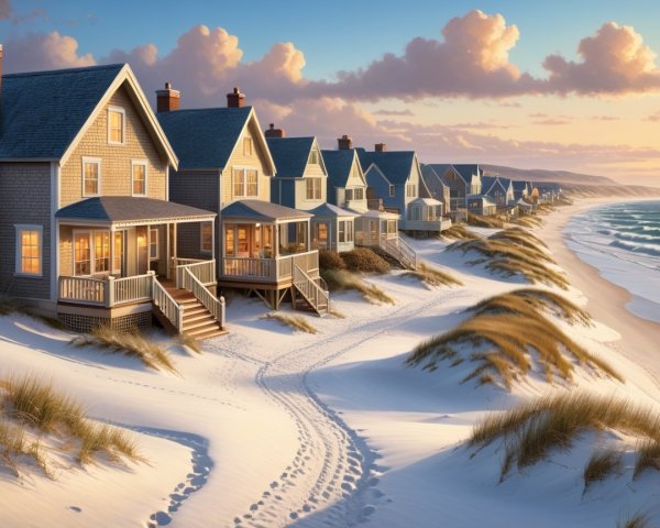 Charming Beach Houses Along a Sandy Coastal Shoreline
