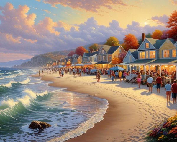 Beachside Town at Sunset with Colorful Houses