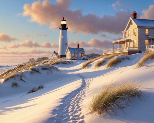 Coastal Winter Landscape with Lighthouse and House