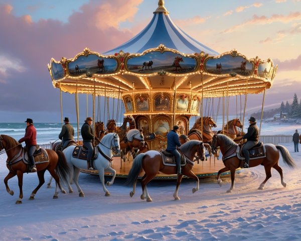 Winter Carousel Scene with Snow and Pastel Skies