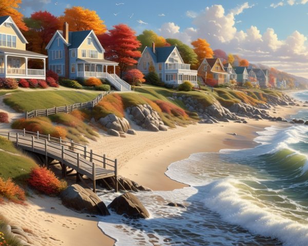 Coastal Scene with Colorful Autumn Foliage and Beach