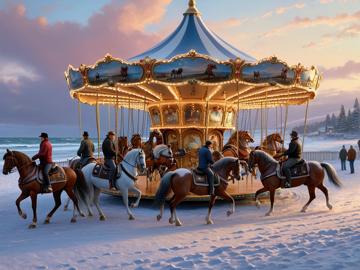 Winter Carousel Scene with Snow and Pastel Skies