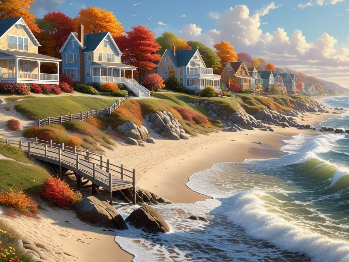 Coastal Scene with Colorful Autumn Foliage and Beach