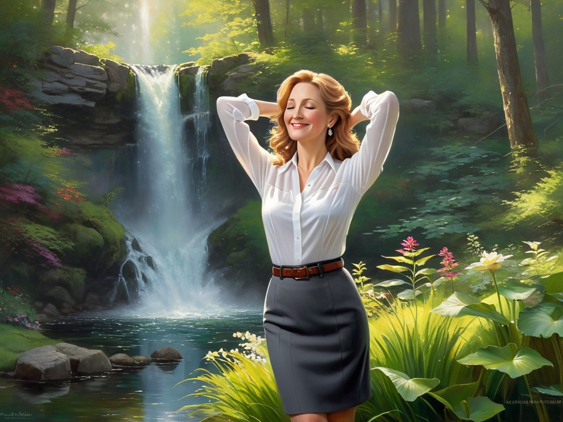 Woman in a lush forest with a cascading waterfall