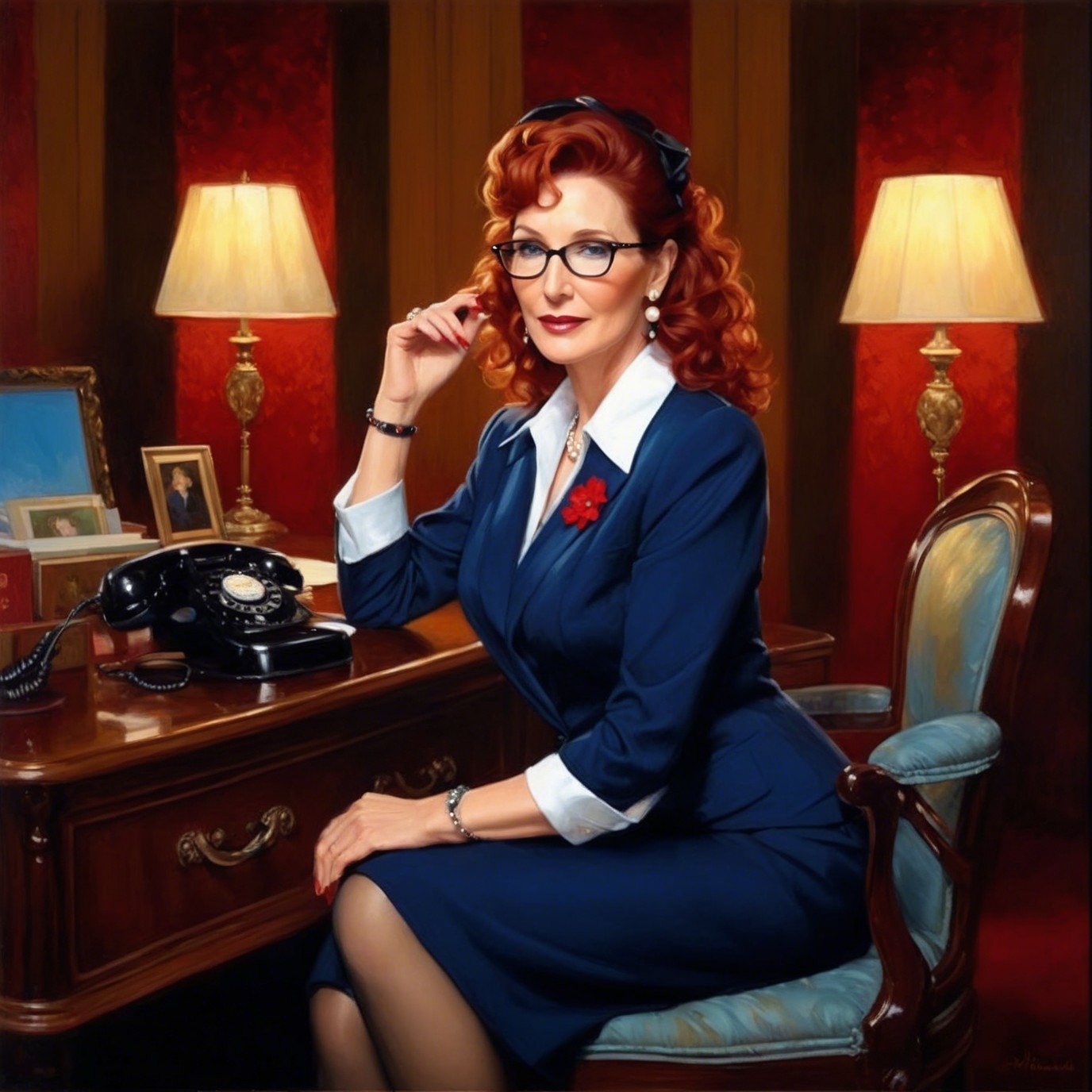 Stylish Woman at Vintage Desk with Retro Telephone