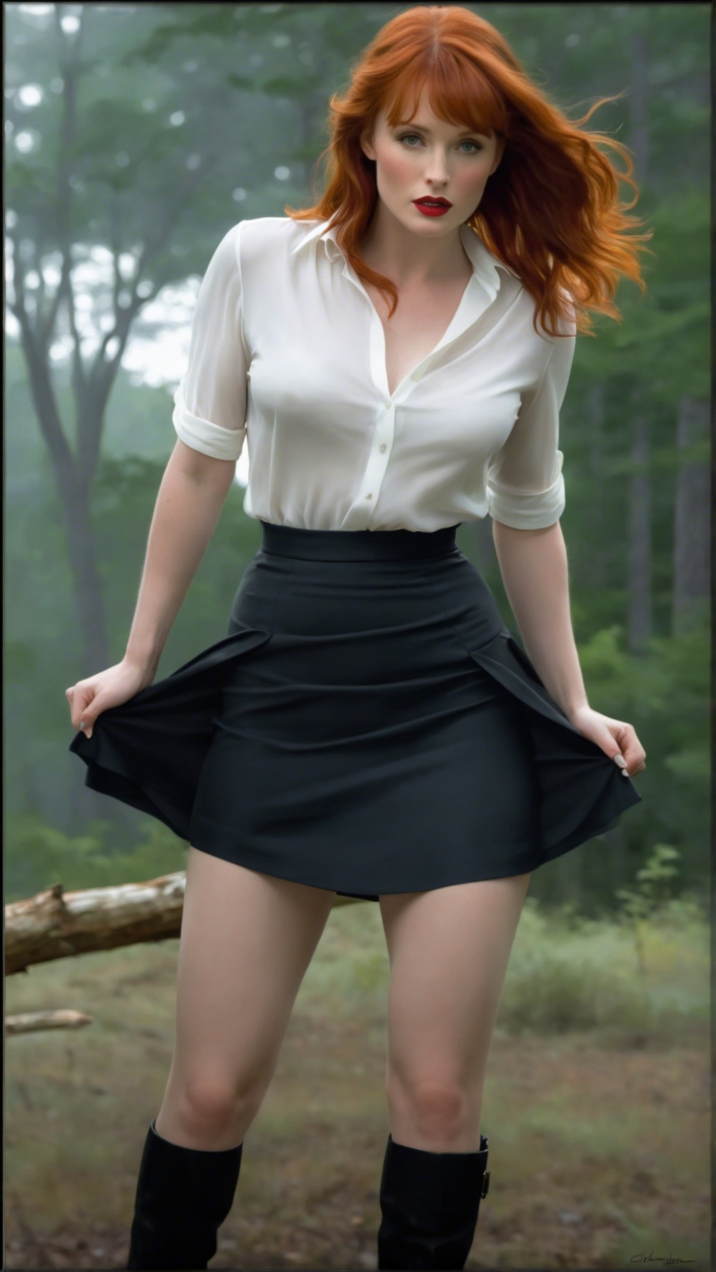 Woman in a misty forest with red hair and stylish outfit