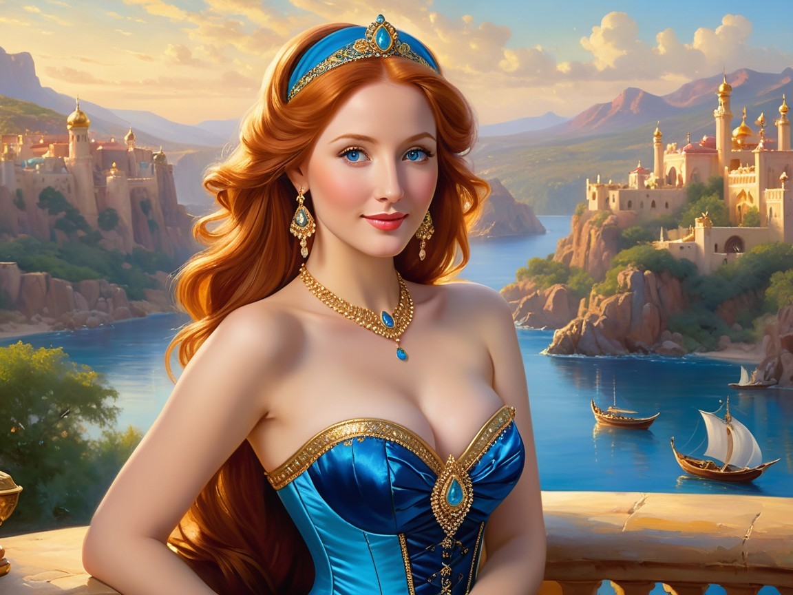 Regal Woman in Blue Gown with Enchanting Landscape