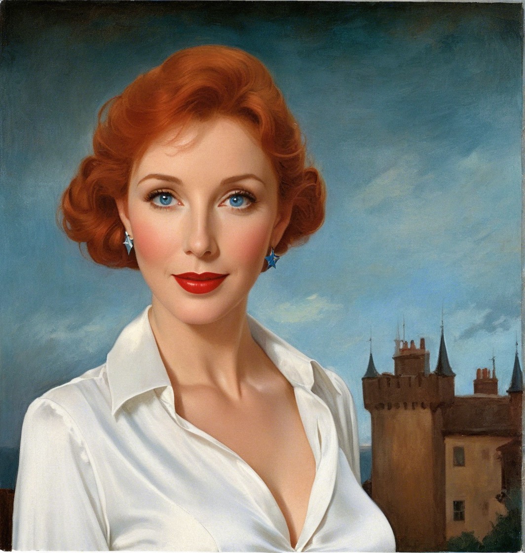 Portrait of a Woman with Red Hair and Castle Background