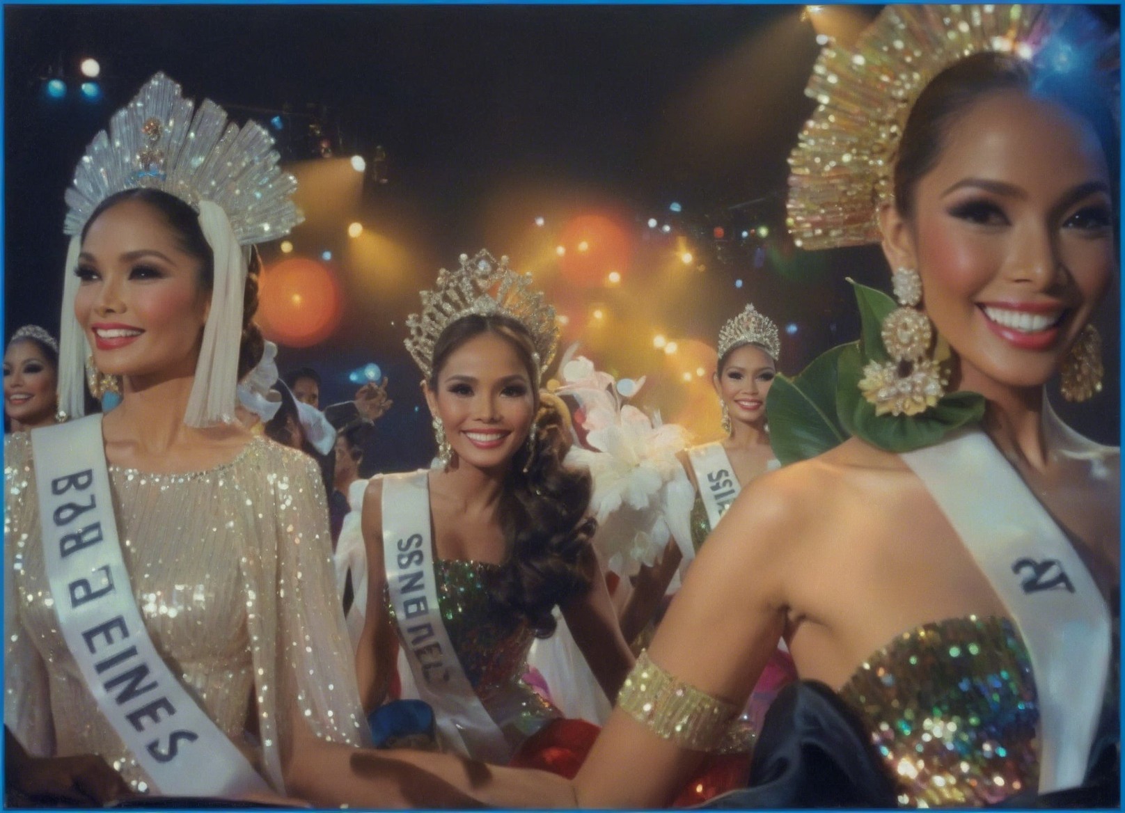 Beauty Pageant Contestants in Sparkling Gowns and Crowns