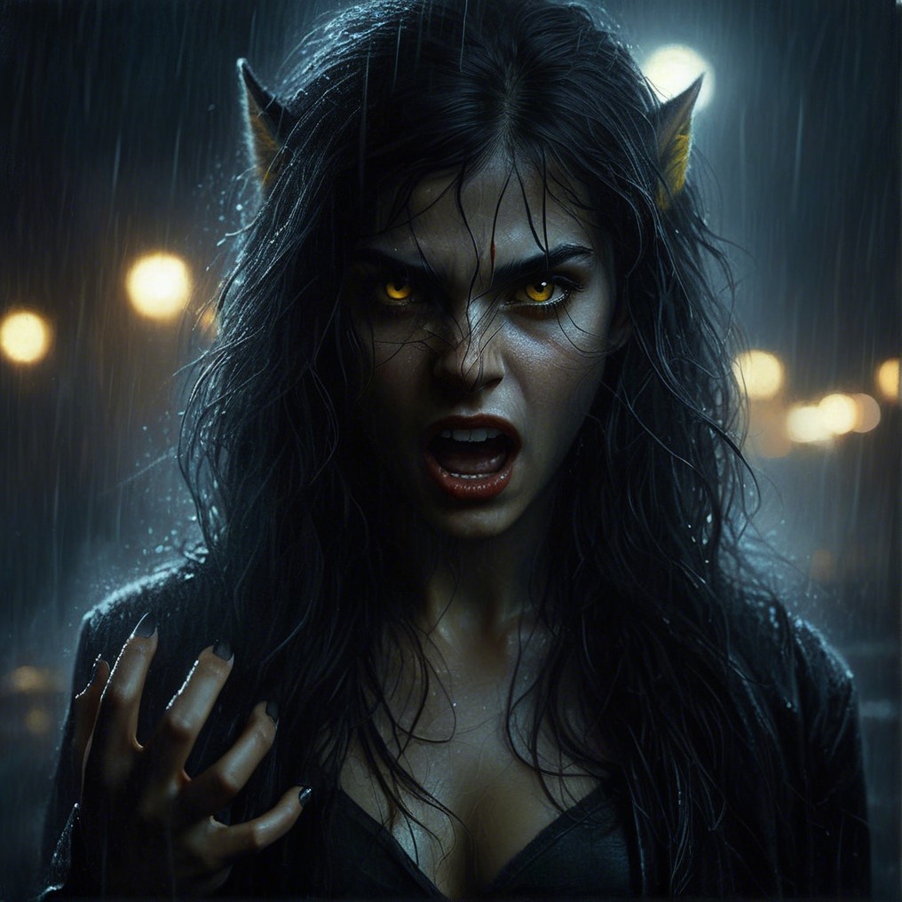 Fierce Woman in Rain with Supernatural Features