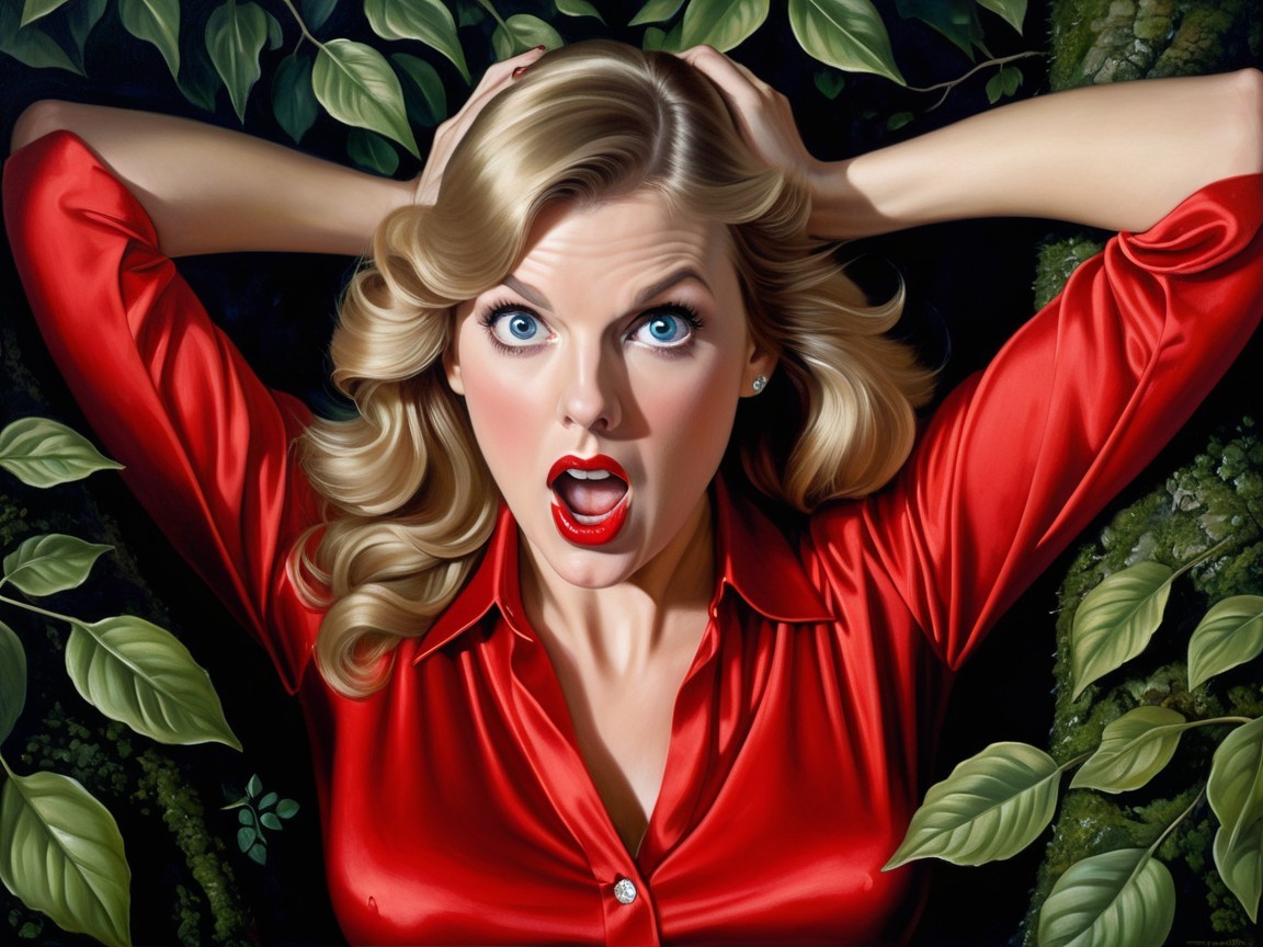 Woman with blue eyes in red shirt among green leaves