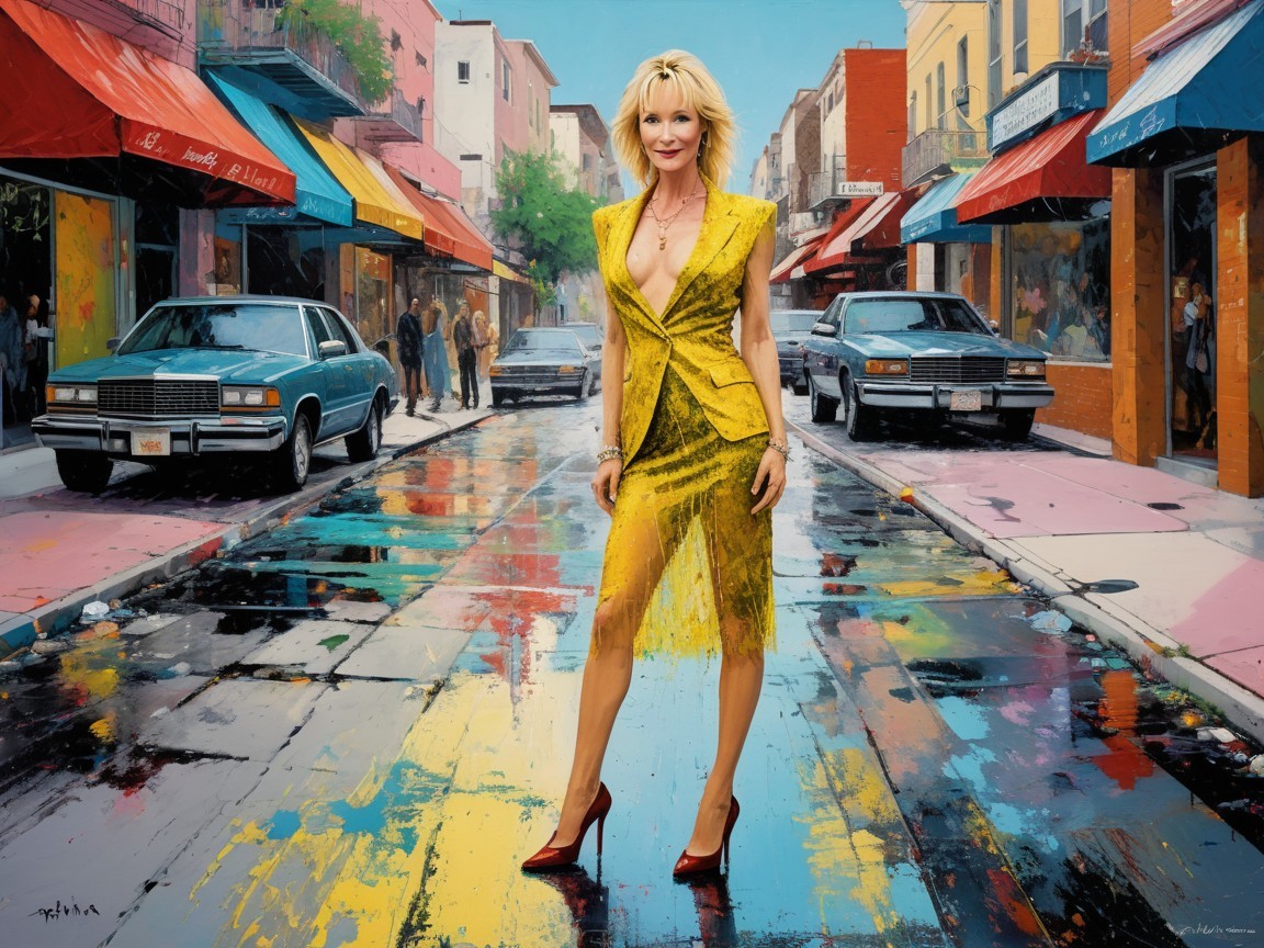 Full body painting of a woman in yellow attire on street