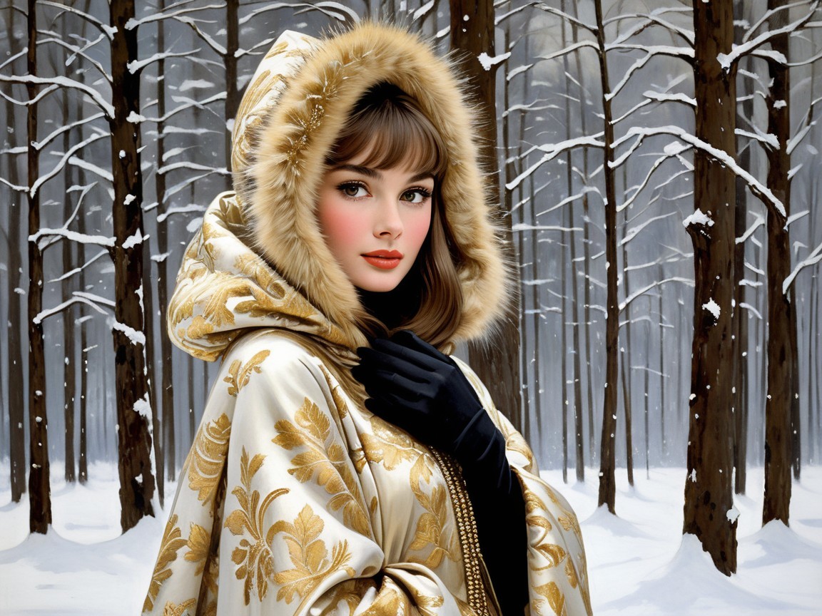 Woman in golden cloak in serene snowy forest