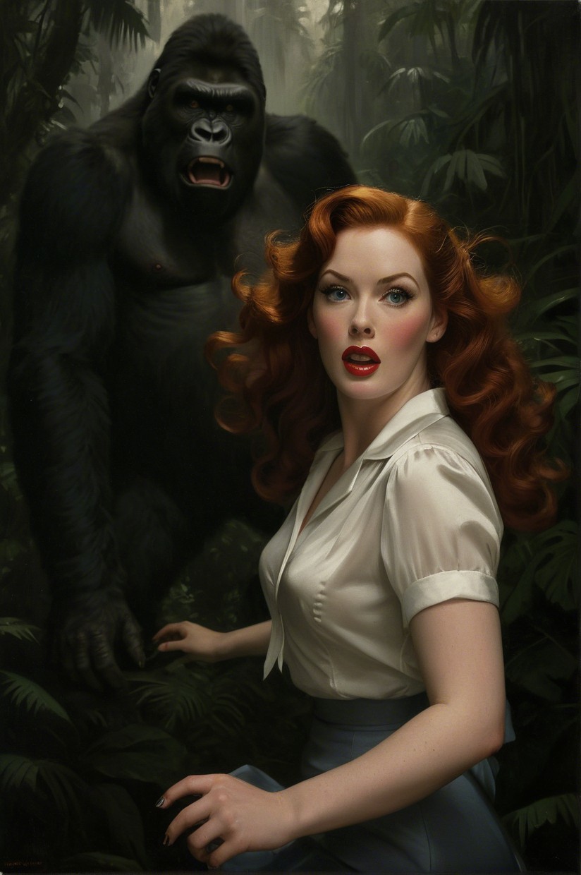 Jungle Scene with Woman and Gorilla in Tense Moment