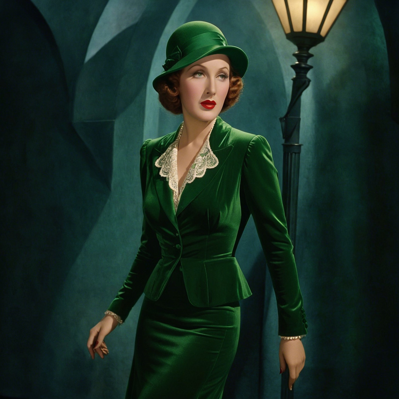 Glamorous Woman in Vintage Green Velvet Suit