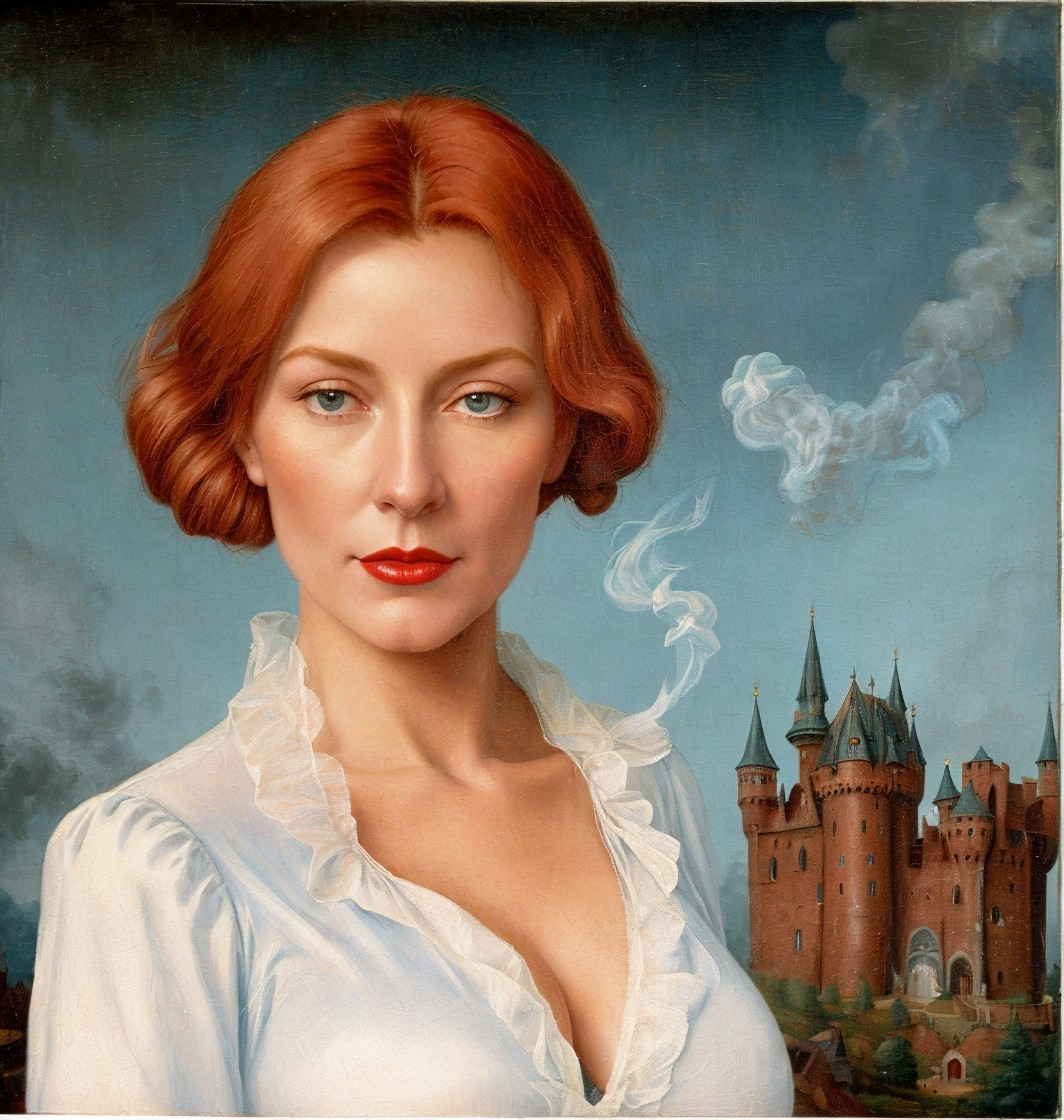 Portrait of a woman with red hair and whimsical castle