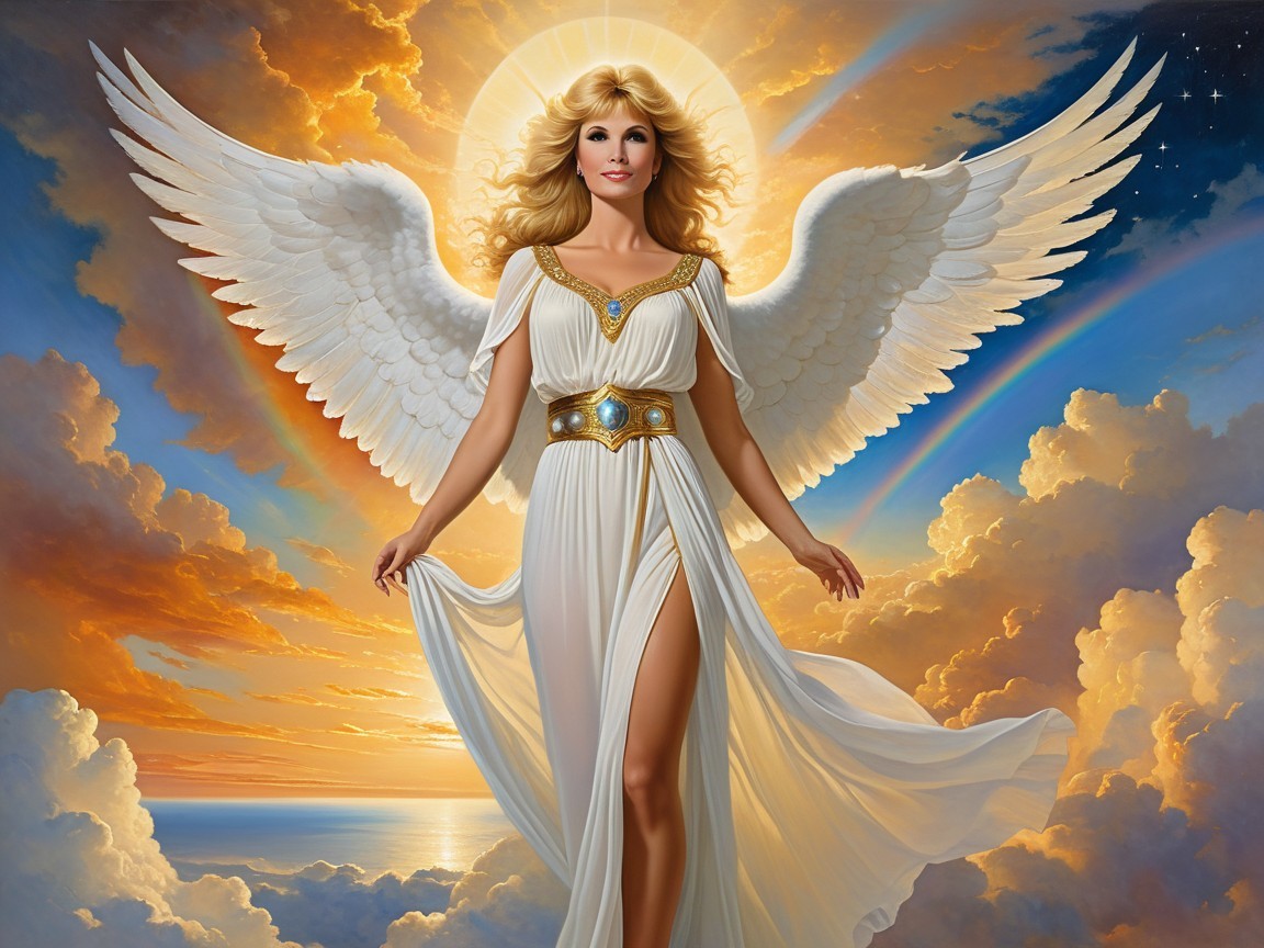 Radiant angel in flowing gown against vibrant sunset sky