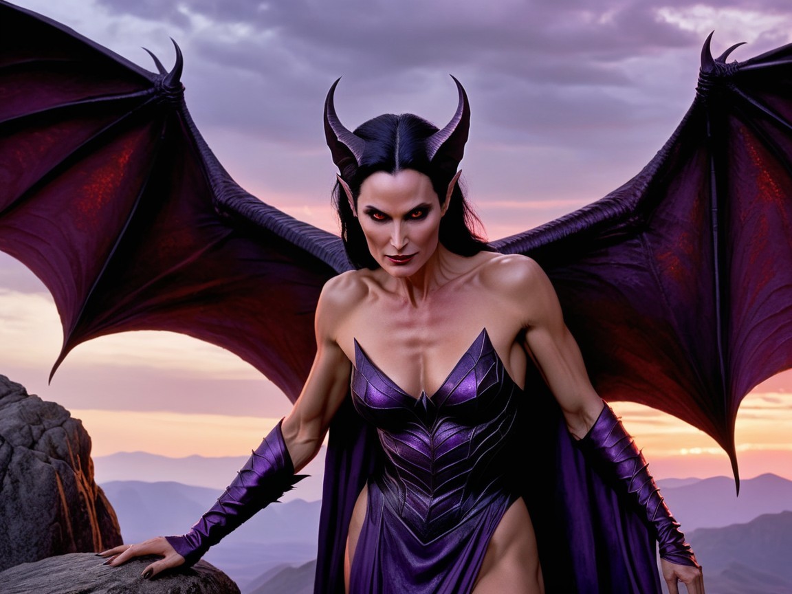 Female figure with bat wings on rocky terrain at sunset