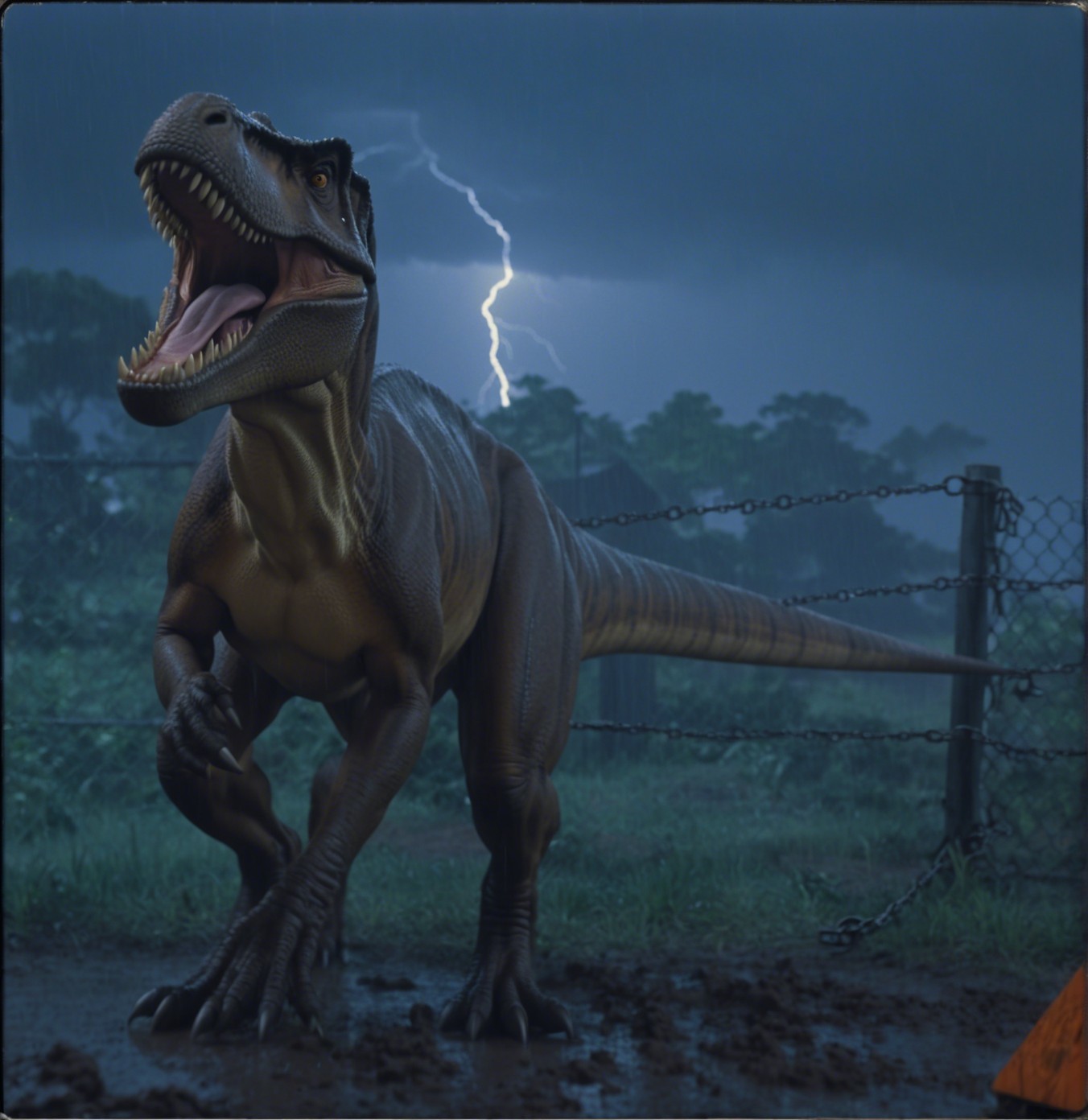 Dramatic Scene of a T-Rex in a Stormy Jungle