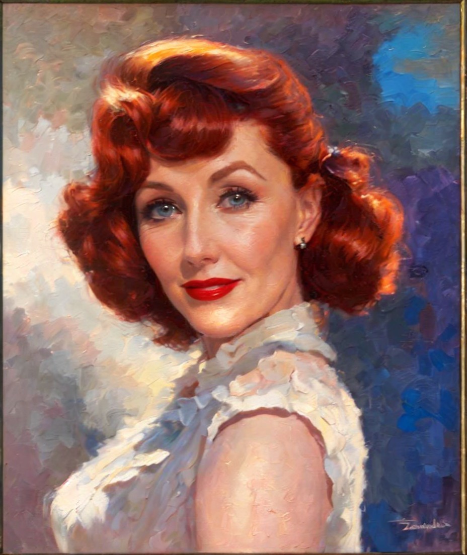 Vibrant portrait of a woman with red hair and blue eyes