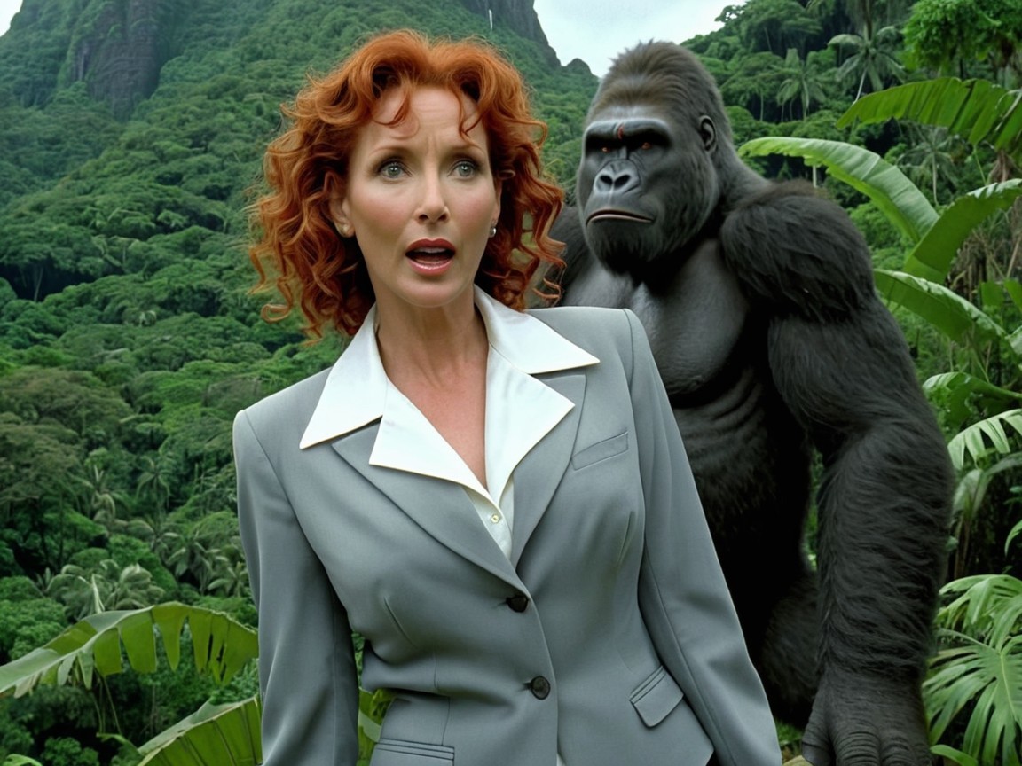 Woman in Gray Suit Surrounded by Jungle and Gorilla