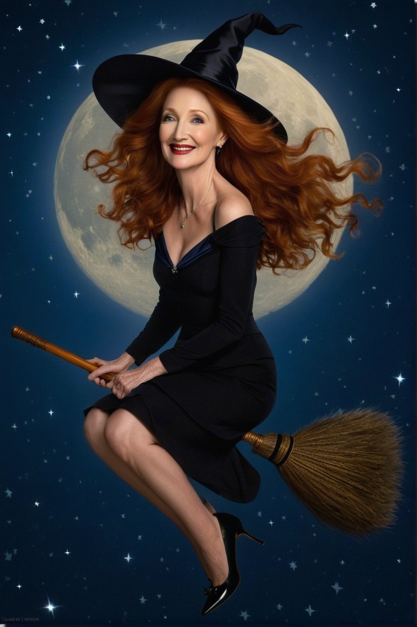 Glamorous witch on broomstick under starry night sky