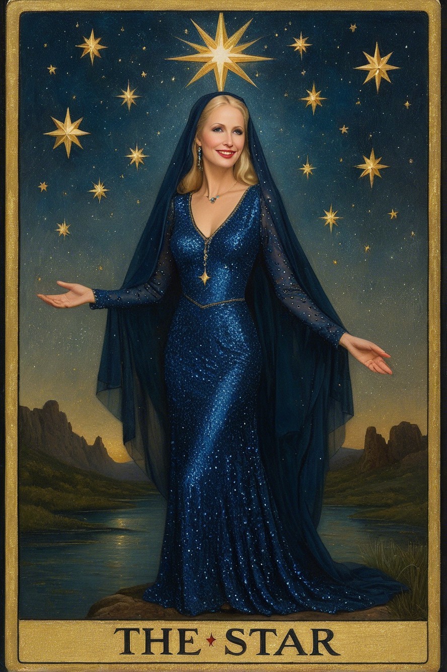 Woman in sparkly blue gown under starry veil