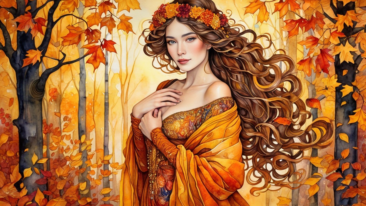 Autumn-Themed Illustration of a Young Woman in Nature