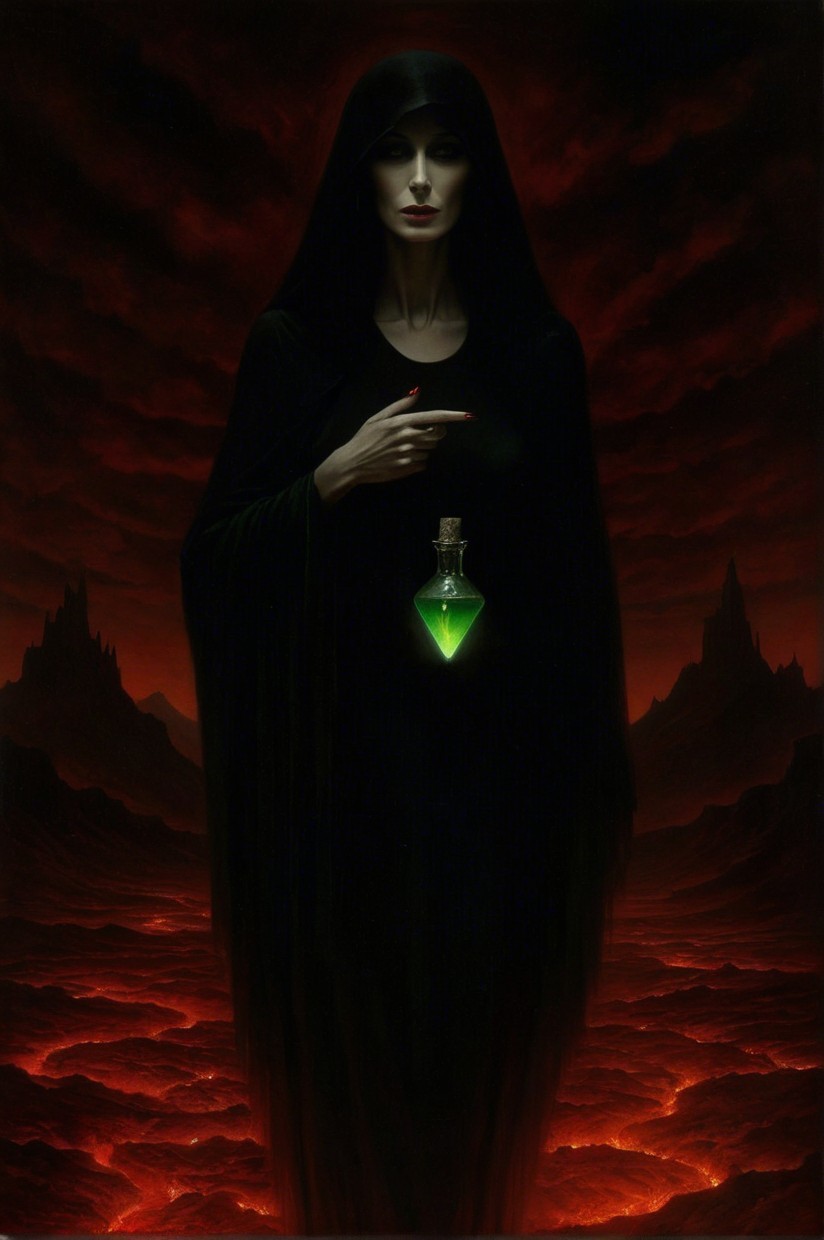 Mysterious Figure in Black Cloak with Green Potion