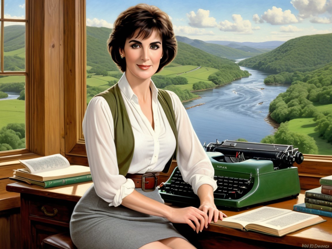 Woman at Desk with Typewriter and Scenic View
