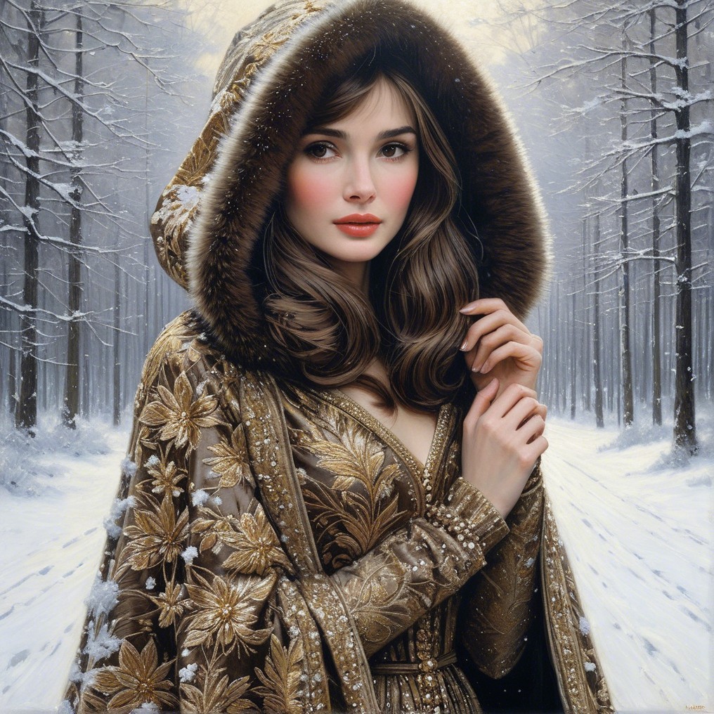 Young Woman in Golden Cloak in Snowy Forest