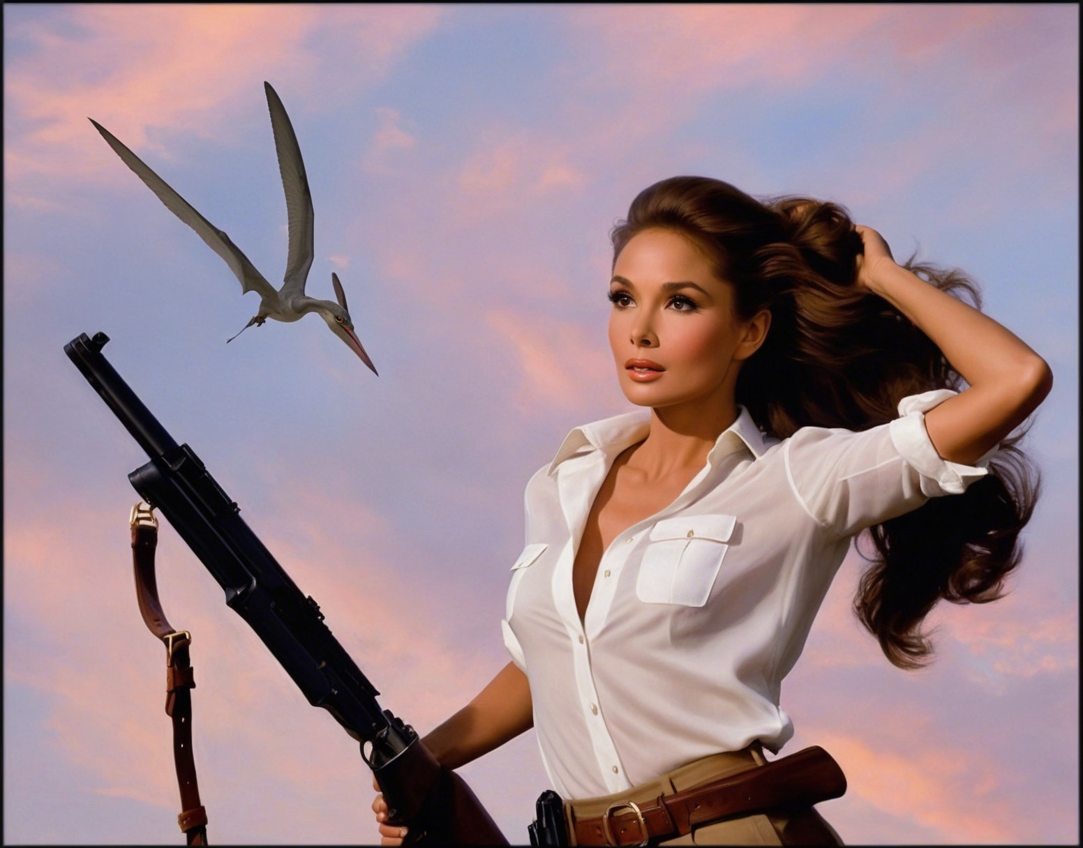 Confident Woman with Rifle Against Sunset and Pterosaur