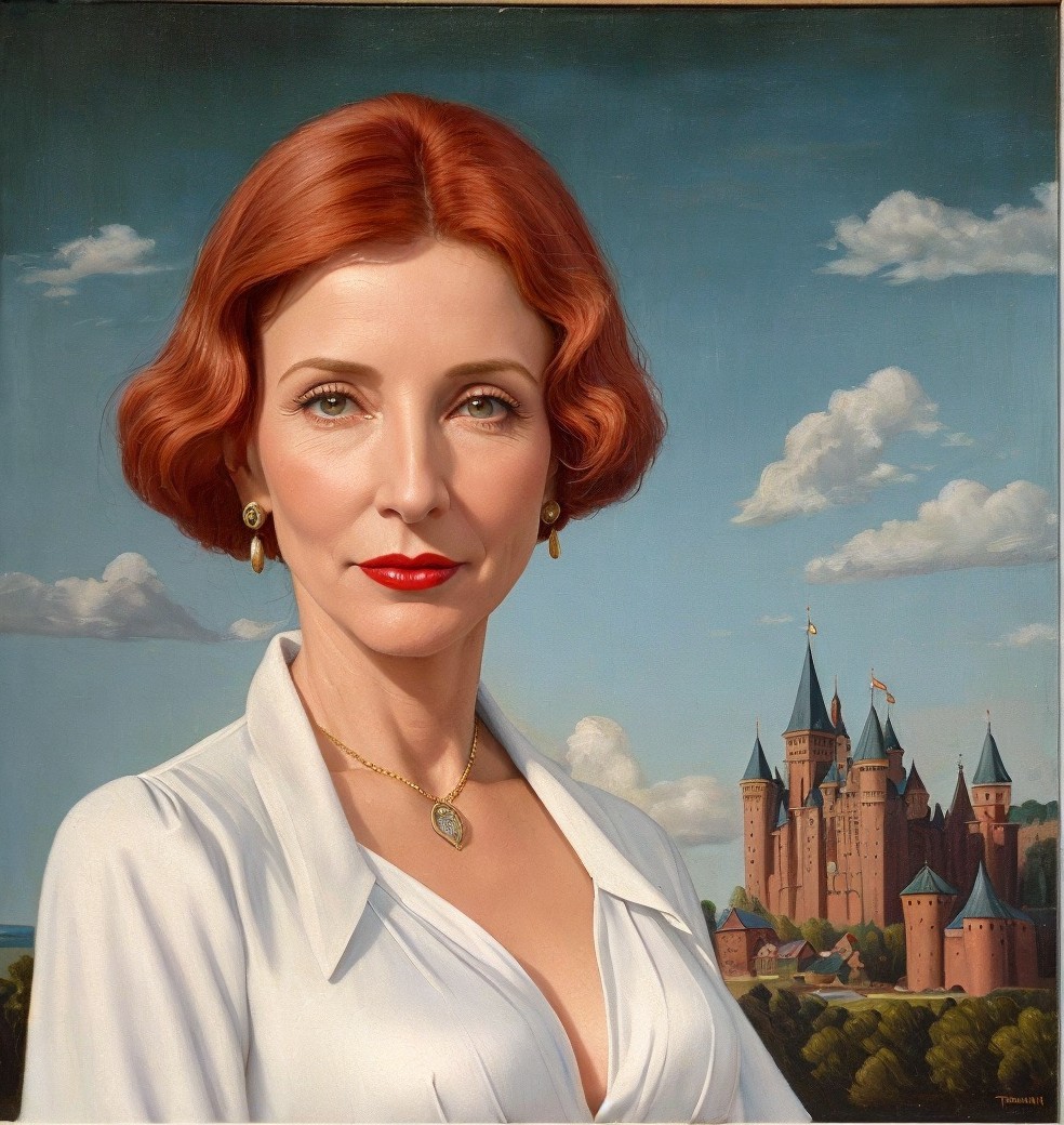 Portrait of a Woman with Red Hair and Castle Background
