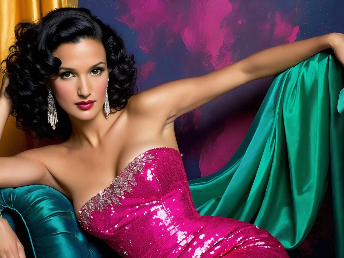 Elegant Woman in Pink Sequined Gown with Green Fabric