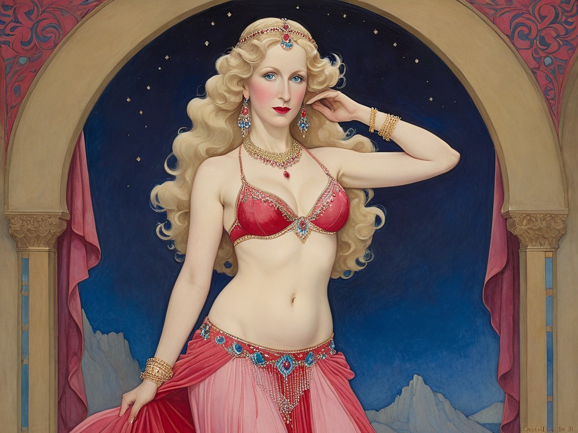 Glamorous Woman in Red and Gold Outfit Against Stars