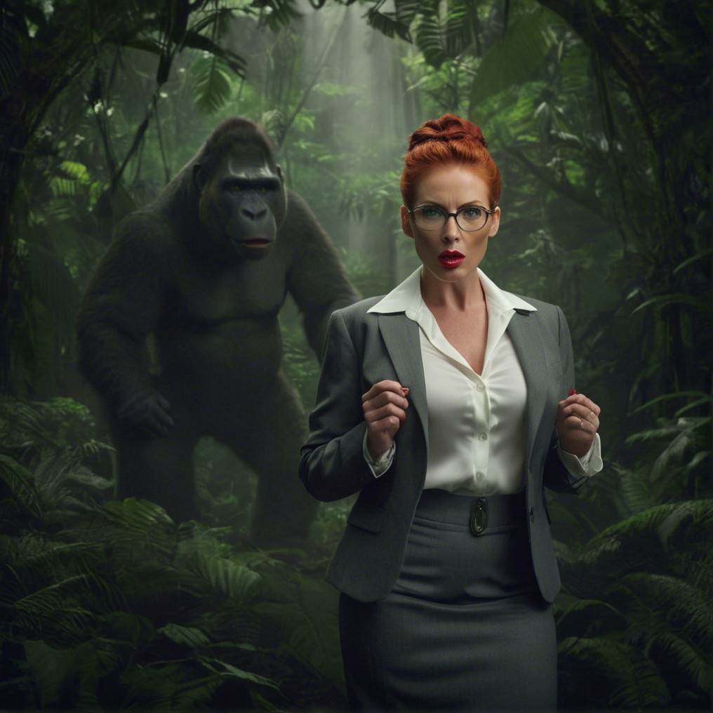 Businesswoman in Jungle with Gorilla Encounter