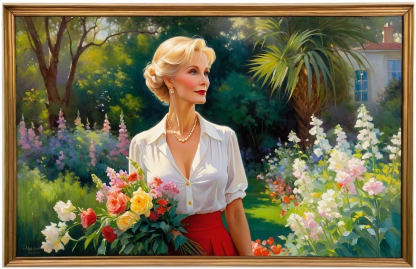 Elegant woman in garden with roses and sunlight