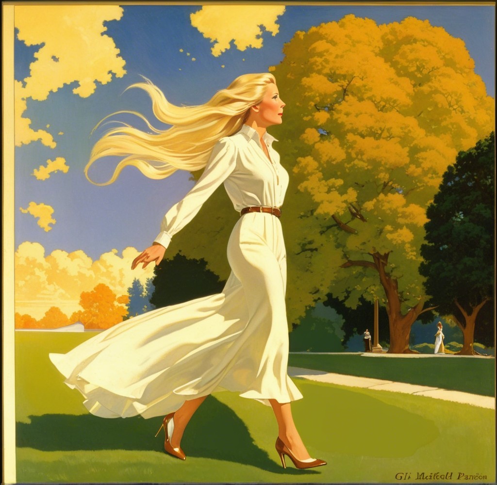 Woman in White Dress Strolling Through Autumn Park