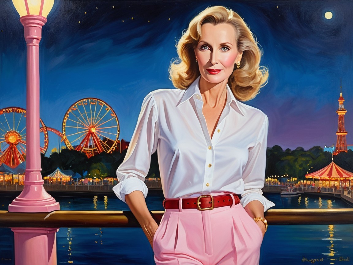 Glamorous Woman by Waterfront at Night with Lights