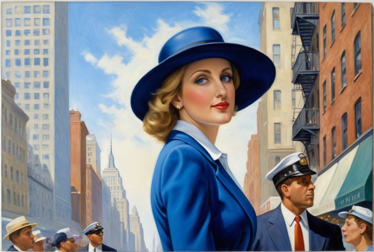Glamorous Woman in Blue Hat on Busy City Street
